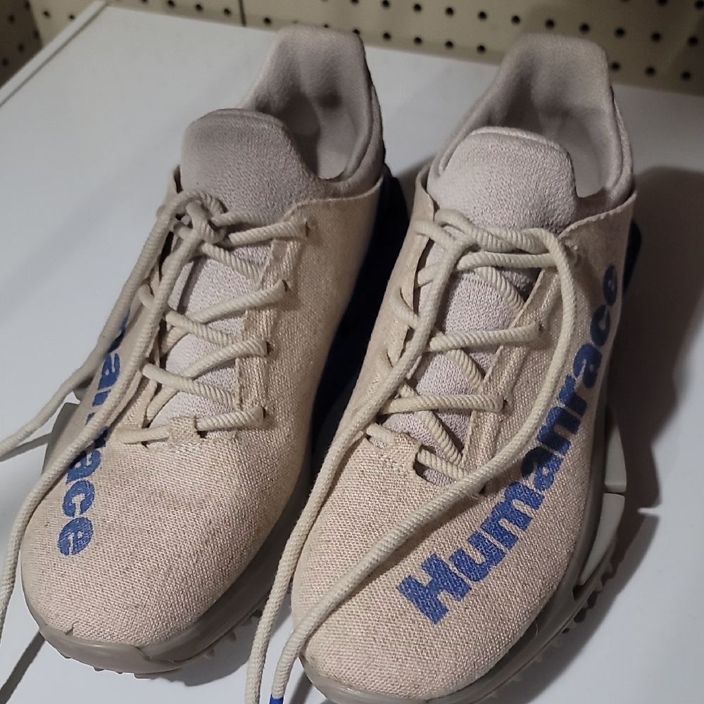Beige Sneakers with Blue Text Adidas Pharell S1
